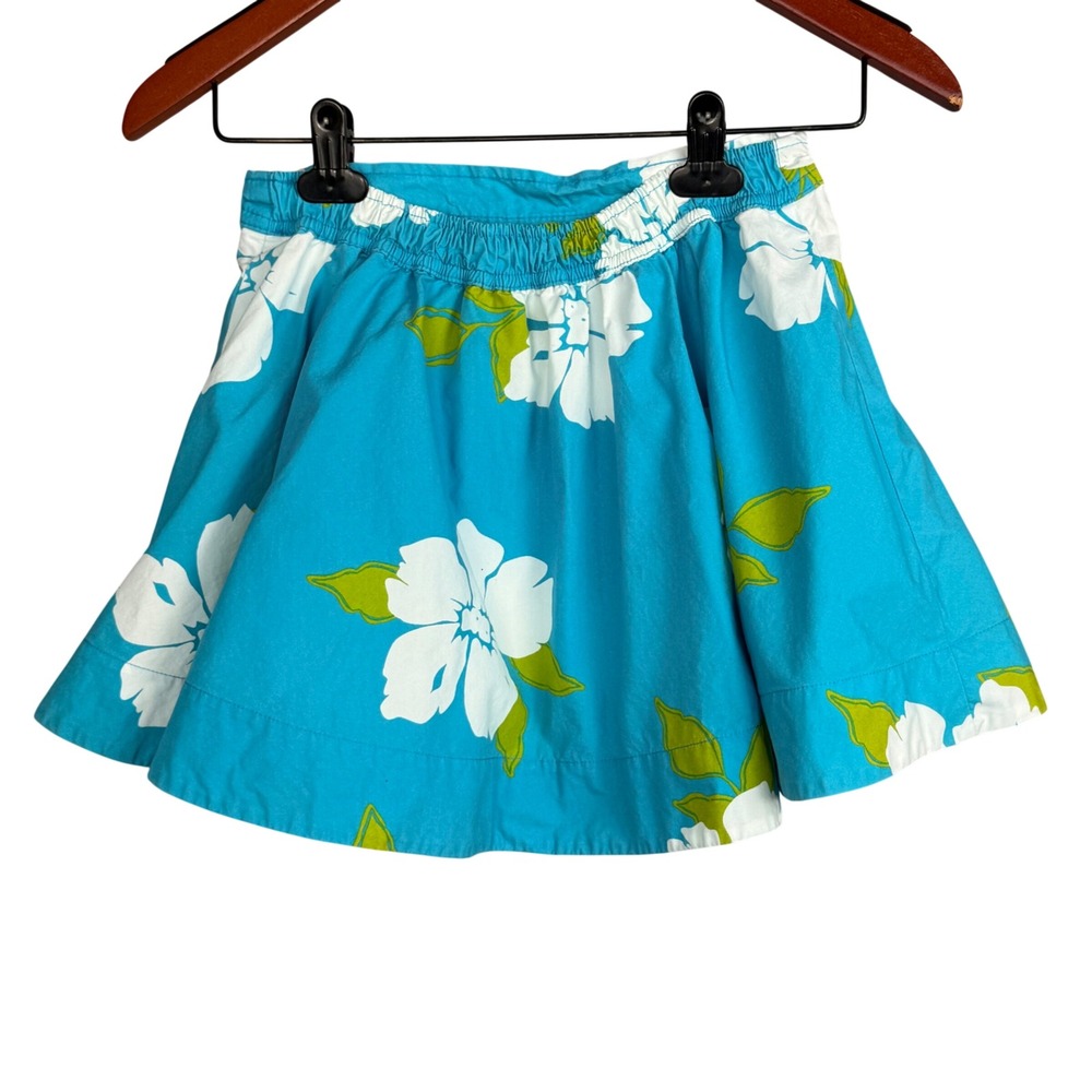 Hollister Skirt Women Small Blue Cotton Floral Tropical Hibiscus Mini Skater - Picture 2 of 11